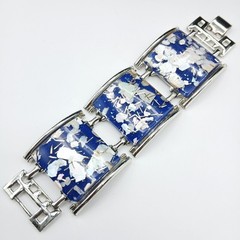 Vintage Lucite Blue White Glitter Confetti Chunky Silver Tone Square Bracelet