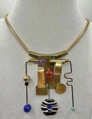 Signed Modernist Abstract Art Necklace Memphis Style Brass Glass Statement OOAK