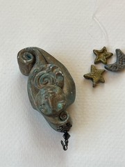 Handmade Green & Gold Polymer Clay Celestial Face & Star & Moon Charms Pendant –