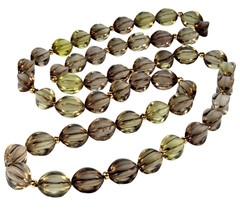 ART DECO 14K SMOKY QUARTZ FANCY SHAPE BEAD NECKLACE 34″ C.1920