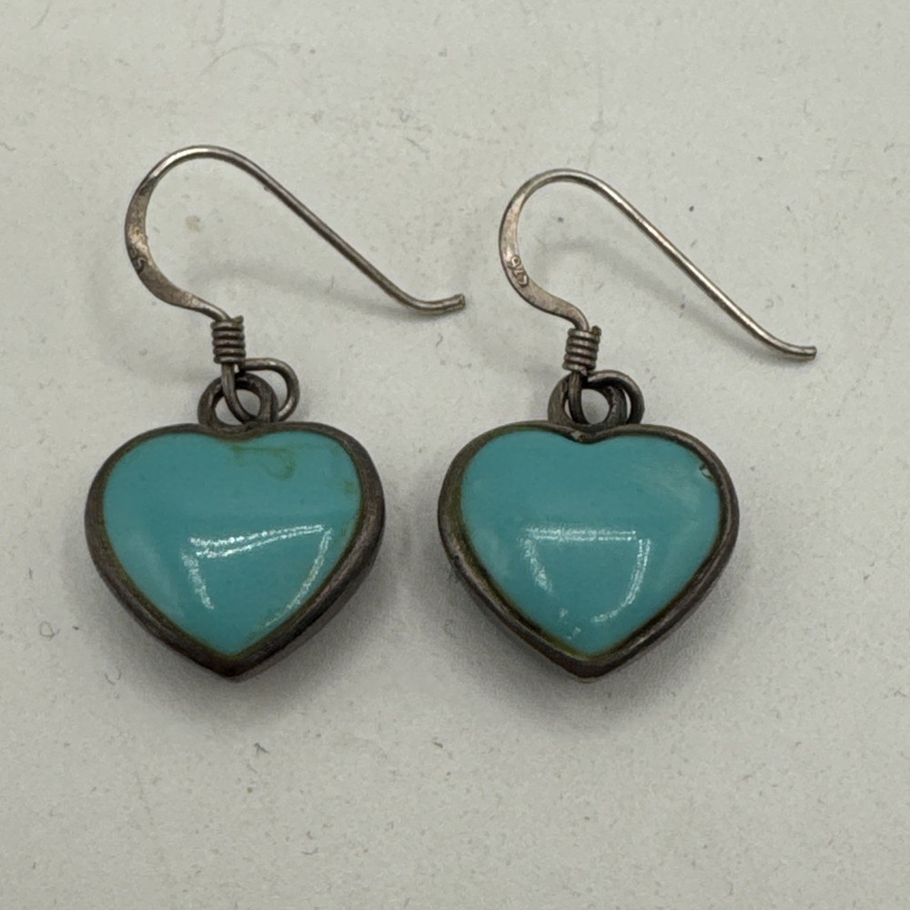 Vintage Sterling Silver Filigree Turquoise Heart Dangle Navajo Earrings 5.25g