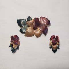 Vintage Autumn Leaves Trio Brooch Lapel Pin and Earrings Set Enamel Gold Tone