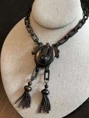 Rare Antique Victorian Gutta Percha Vulcanite Mourning Necklace Pendant Tassels