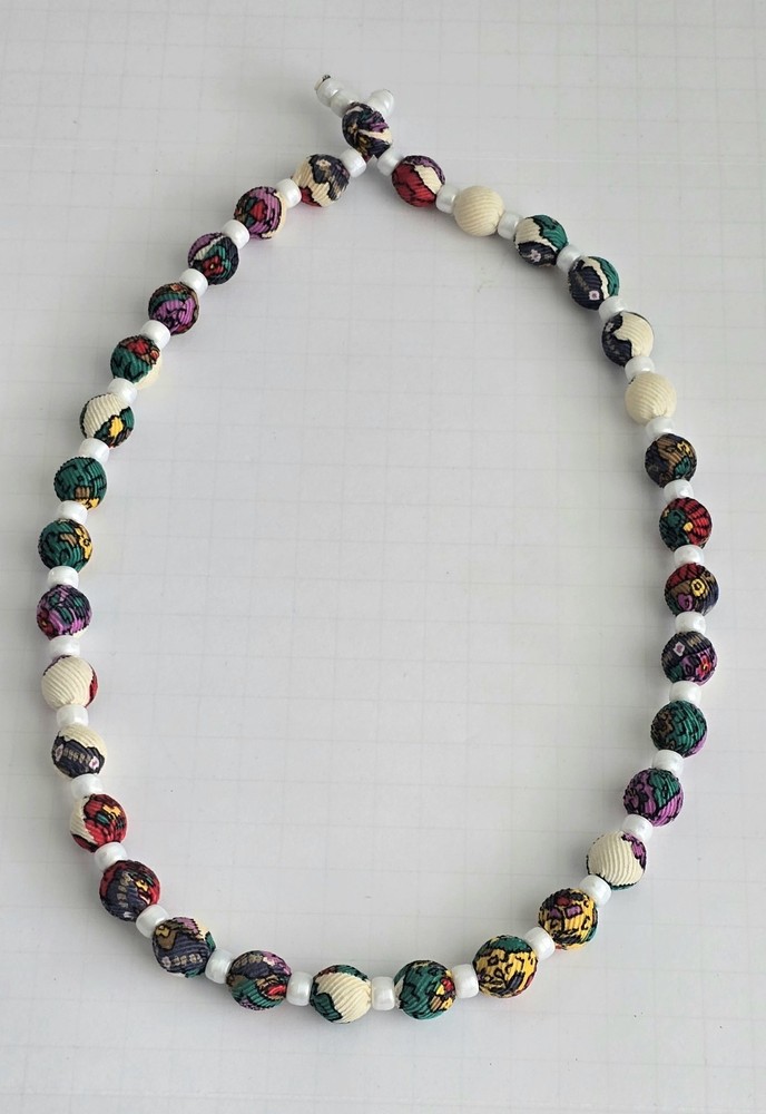 Vintage Silk Covered Glass Beads White Colorful Necklace