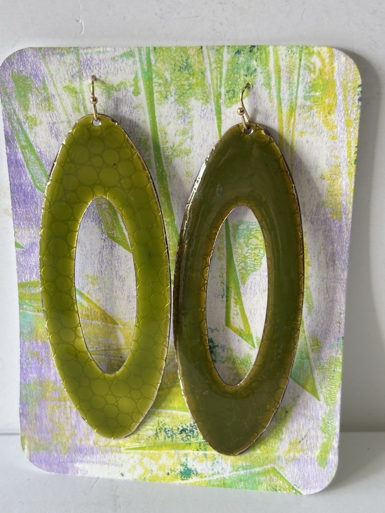 Vintage 4” Large Green Enameled Metal Retro Earrings Dangle Pierced Wow Factor