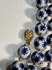 VINTAGE! Chinese 56 BEAD Necklace Hand-Knotted Porcelain BLUE & WHITE STARS 33”