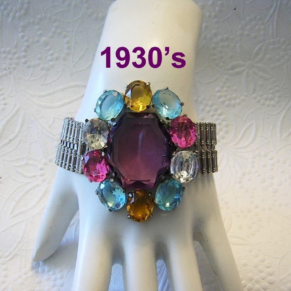 1930’s BOLD PURPLE/ AQUAMARINE & PINK OPEN BACK RHINESTONES Bracelet