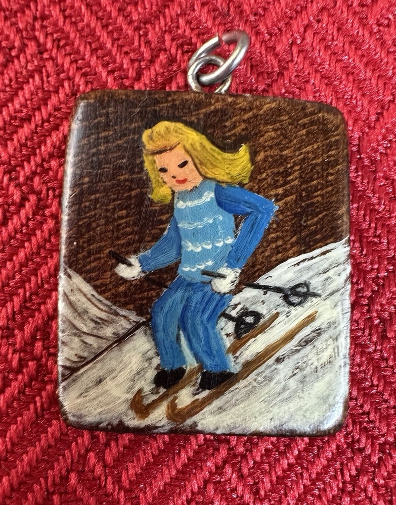 Hand Painted Wood Picture Ski Pendant Swiss Made R Weiss Skiing 1950s Collector