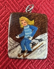 Hand Painted Wood Picture Ski Pendant Swiss Made R Weiss Skiing 1950s Collector