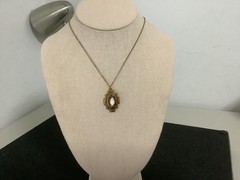 VTG/Antique brass?Czech? Garnet rhinestones Opalite glass pendant necklace 18″