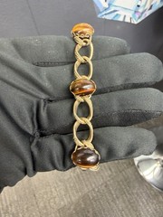 Vintage Gold Plated Filigree Engraved Bracelet Tiger Eye Cabochon 7 1/4”