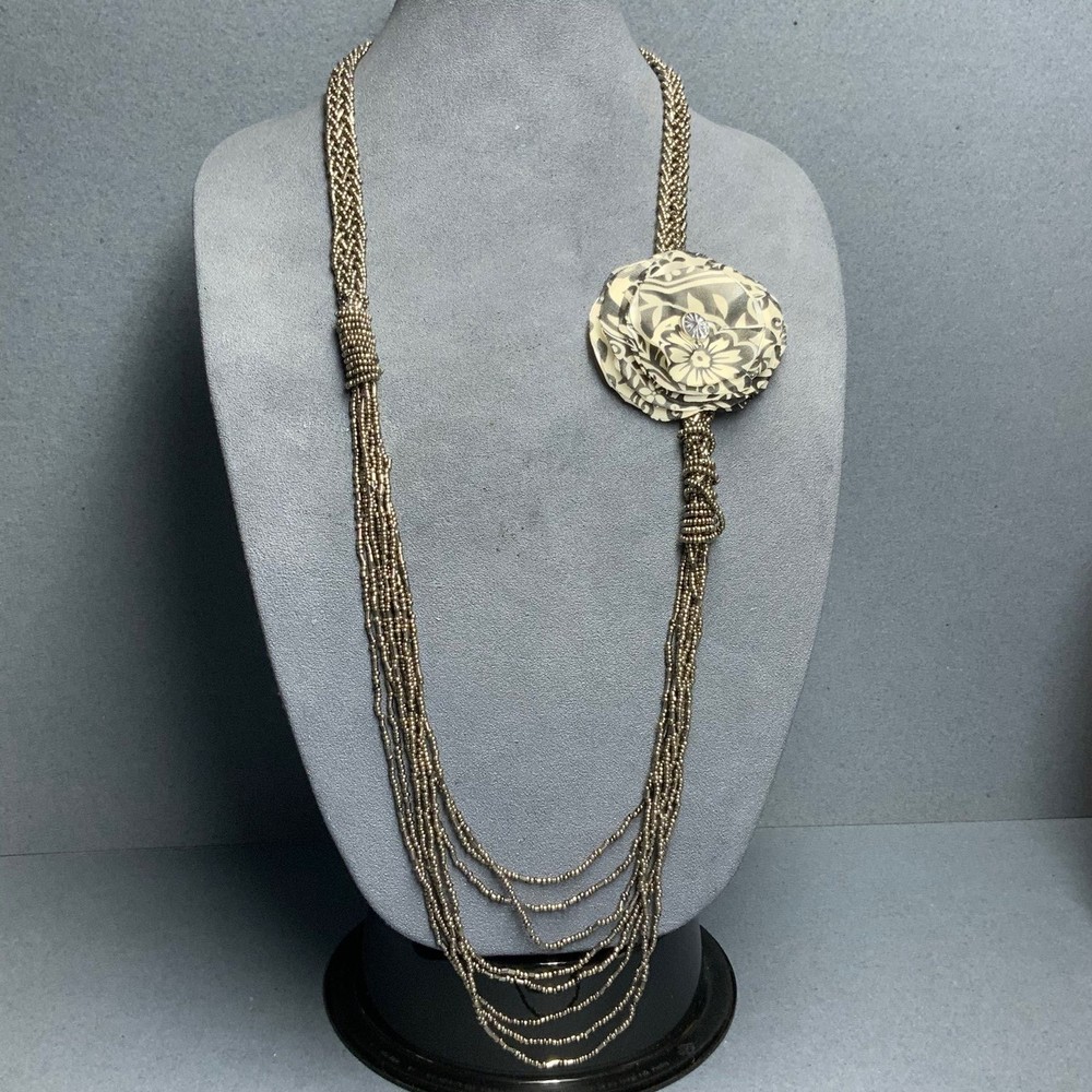 Fabric Flower Necklace 36 In Silver Seed Beads Black White Rhinestone Retro 80s