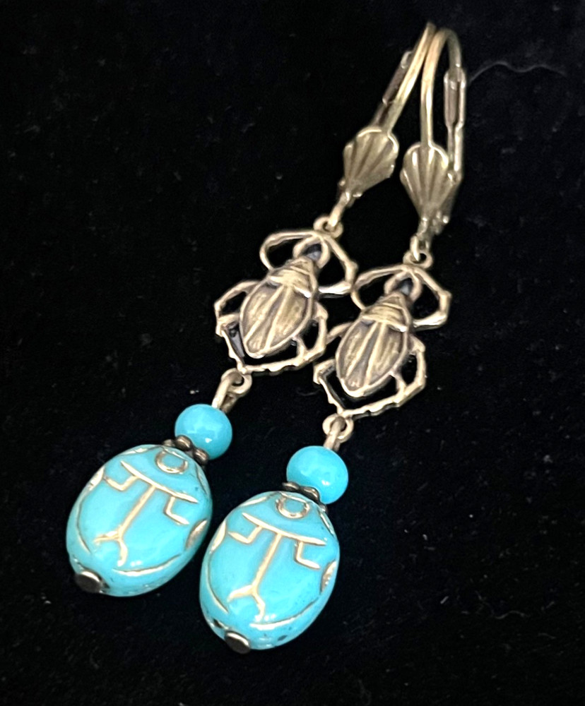 Egyptian Revival Scarab Earrings Antique Turquoise Czech Glass & Brass Filigree
