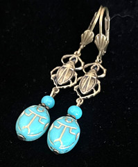 Egyptian Revival Scarab Earrings Antique Turquoise Czech Glass & Brass Filigree