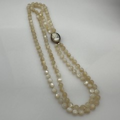 Vintage Mother of Pearl Cameo Clasp MOP Beaded Necklace Double Strand 8mm