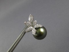LARGE 1.03CT DIAMOND & AAA TAHITIAN PEARL 18K WHITE GOLD FLOWER HANGING EARRINGS