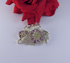 Vintage Lisner Lavender & Yellow Rhinestone Gold tone Pin Brooch CAT RESCUE