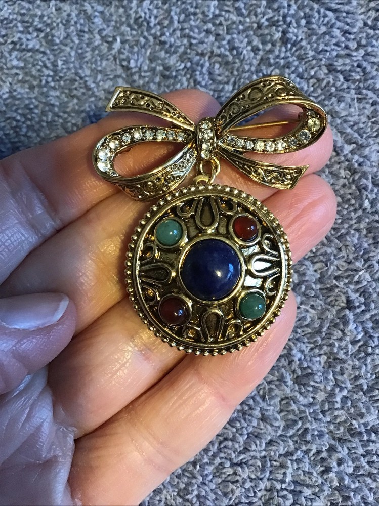 Vtg LOCKET Brooch JEWELED bow PHOTO HOLDER Etched Dangle Lot C