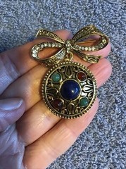 Vtg LOCKET Brooch JEWELED bow PHOTO HOLDER Etched Dangle Lot C
