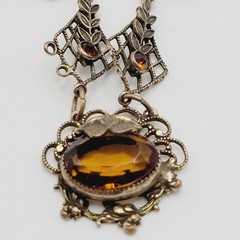Czech Glass Art Nouveau Deco Flower Motif Brass Festoon Bib Amber Citrine 15 In