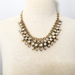 Gold Tone Statement Bib Necklace 18″ With Faceted Bling Clear Rhinestones