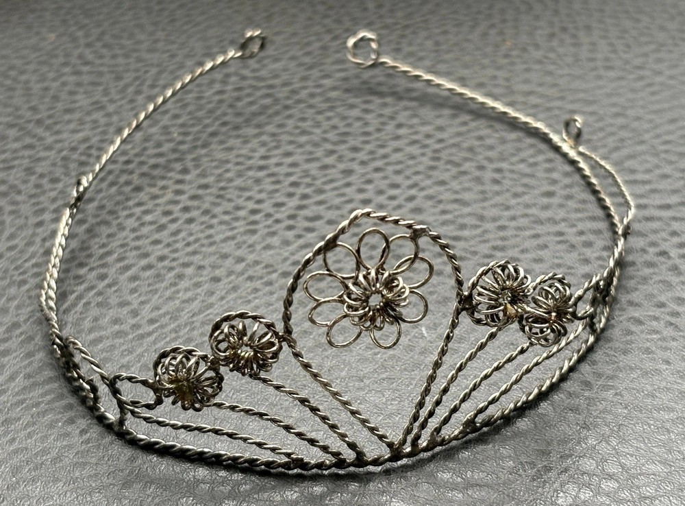 Vintage Spun Silver Tone Metal Flower Tiara Headdress Filigree Design