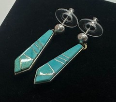 Calvin Begay Turquoise Inlay Dangle Earrings Native American Sterling Silver #8