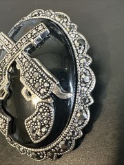VTG Art Deco Style Crossed Pistols Brooch Pendant Faux Onyx Marcasite Costume