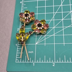 Unsigned Rhinestone Brooch Double Flower Pink Green Goldtone Stem