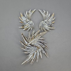 Set (3) Silver-Tone Metal MCM Starburst Spike Spiky Swirls Earrings & Brooch Pin