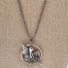 Vintage 90s Silver Tone Enamel Fairy Pendant Necklace Ball Chain Boho Jewelry