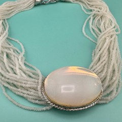 Vintage Seed Bead Opalite Necklace Multi Strand Large Oval Station Pendant 17″