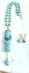 VINTAGE EGYPTIAN MUMMY SARCOPHAGUS PENDANT URANIUM GLASS BEAD NECKLACE SET OOAK