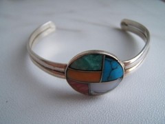 VINTAGE SILVER CUFF BRACELET W/ VARIOUS COLORS OF MOTHER OF PEARL MOP