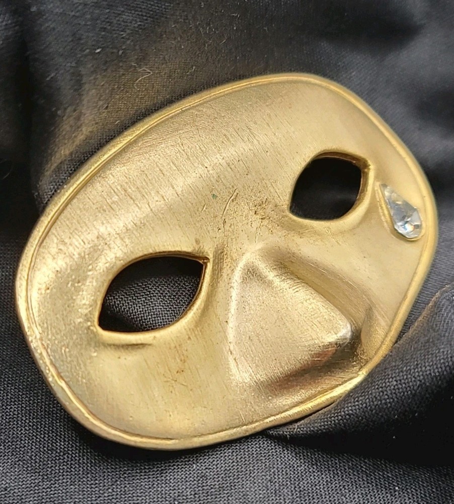 Vtg Mask with Clear Rhinestone Tear Brooch Pin Gold Tone 3D Masquerade Motif