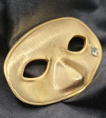 Vtg Mask with Clear Rhinestone Tear Brooch Pin Gold Tone 3D Masquerade Motif