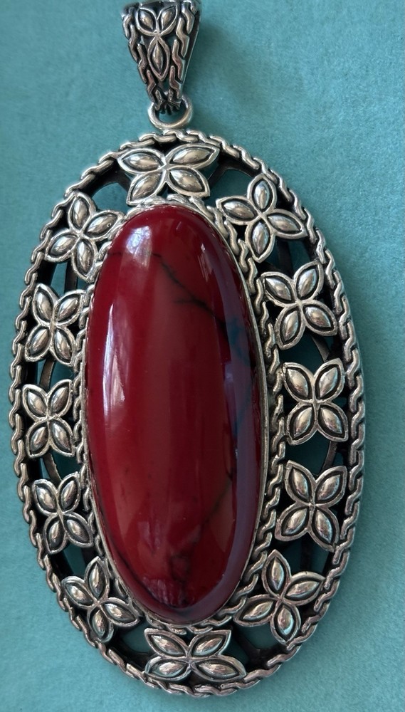 Vintage Mexico Sterling Silver Red Jasper Gemstone Pendant 925