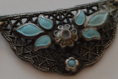 Antique Czech (?) blue enamel faux turquoise filigree necklace, 15 in, as found