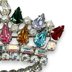 Vintage Signed B David Multicolor Rhinestone Faux Pearl Crown Brooch Pin 1960s