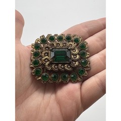 Vintage Gold Tone Large Green Rhinestone Brooch Rectangle Ornate Horseshoe Mark