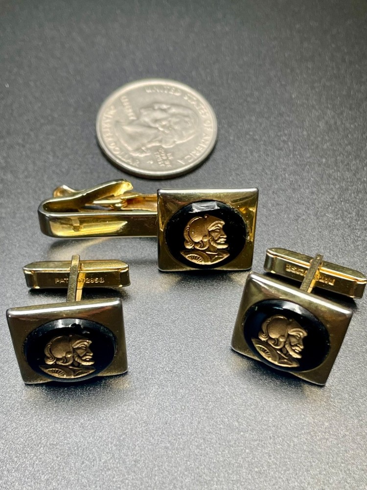 Vintage Male Profile Warrior Beard Cufflinks and Tie Clip MCM Gold and Black