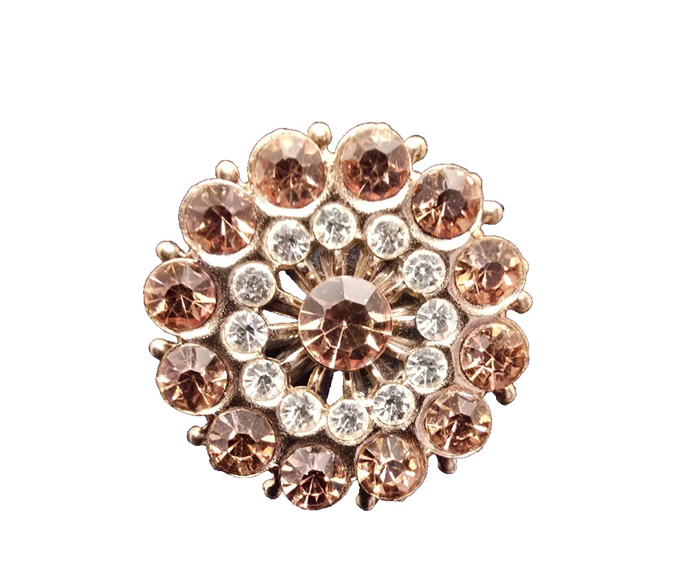 Vintage Rhinstone Brooch Round Gold Tone Amber & Clear Cystal Doomed Pin 1950’s