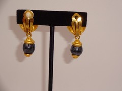 Vintage 1980s 1990s CH Carolina Herrera Gold Tone & Blue Clip On Earrings Marked