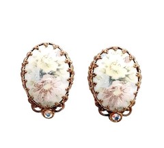 Vintage West Germany Floral Cameo Earrings & Brooch Set SEE DESCRIPTION