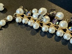 Vintage Filigree Beads Cha Cha Beaded Necklace with Faux Pearls AB Rhinestones