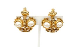 Vintage Graziano Clip On Earrings Gold Tone Faux Pearl Rhinestone Crown