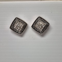 Vtg Square Pavé Crystal Rhinestones Silver Plate Pierced Stud Earrings