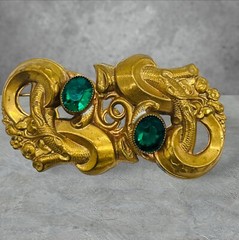 Vintage Art Deco Green Glass Octagon Cut Gold Tone Pinchbeck Pin Large 3″ Brooch
