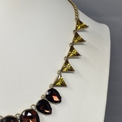 Designer Geometric Bib Necklace Brown Yellow Glass Rhinestone Gold Tone 19″