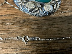 Antique Art Deco 800 Silver Chrysoprase Rose Motif Repousse Pendant Necklace